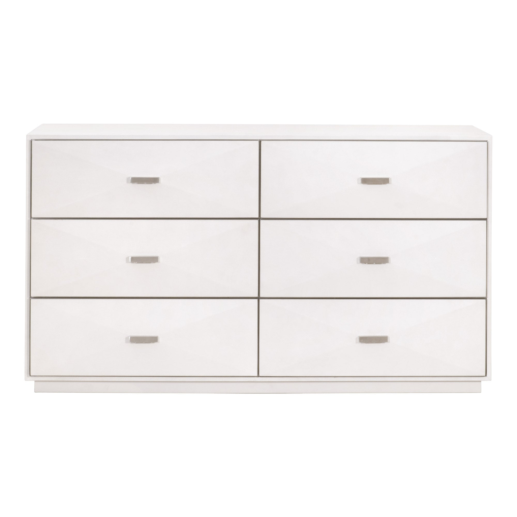 Pearl white Wynn Shagreen 6-drawer double dresser by Essentials for Living with brushed stainless steel frame and handles