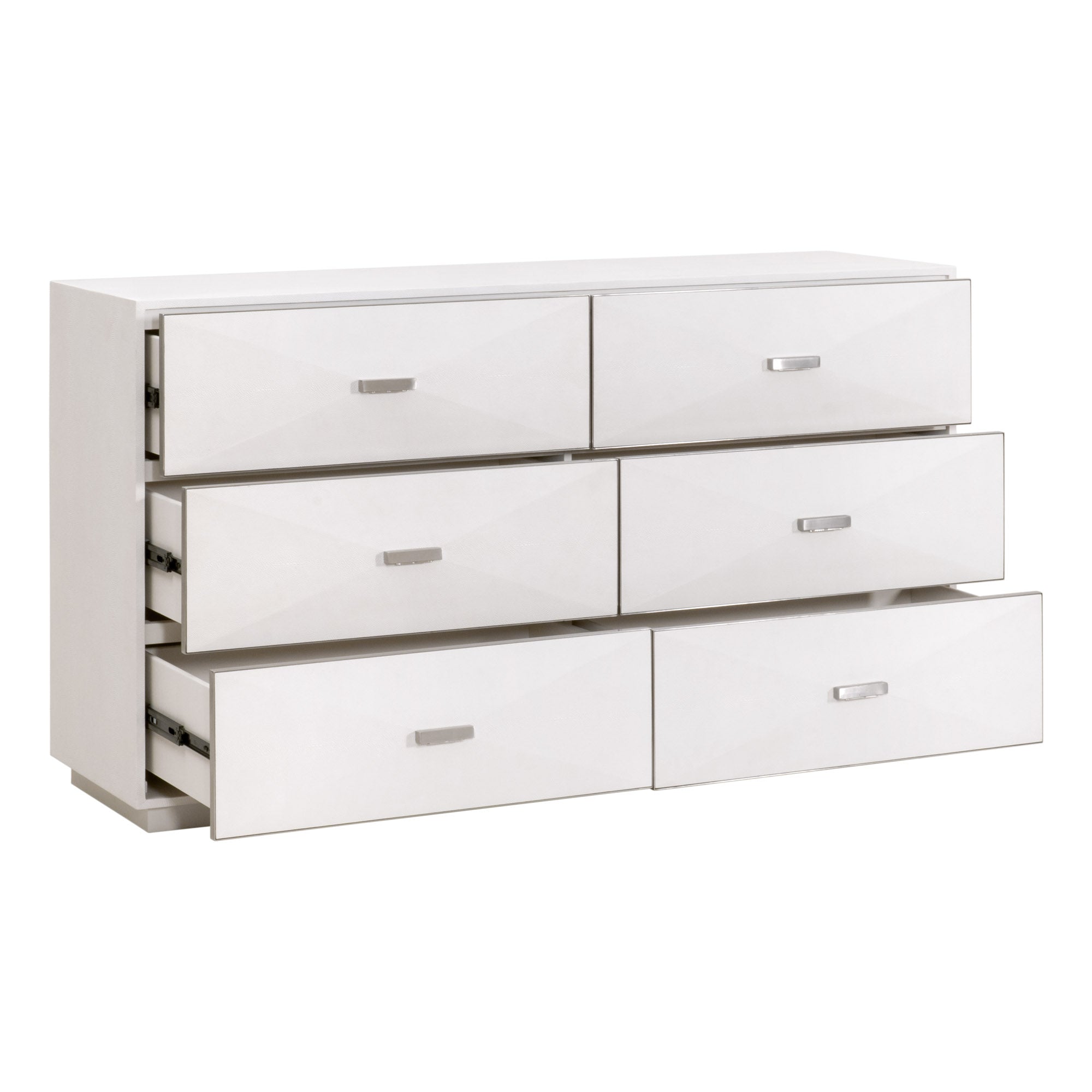 Pearl white Wynn Shagreen 6-drawer double dresser with felt-lined drawers and brushed stainless steel handles by Essentials for Living