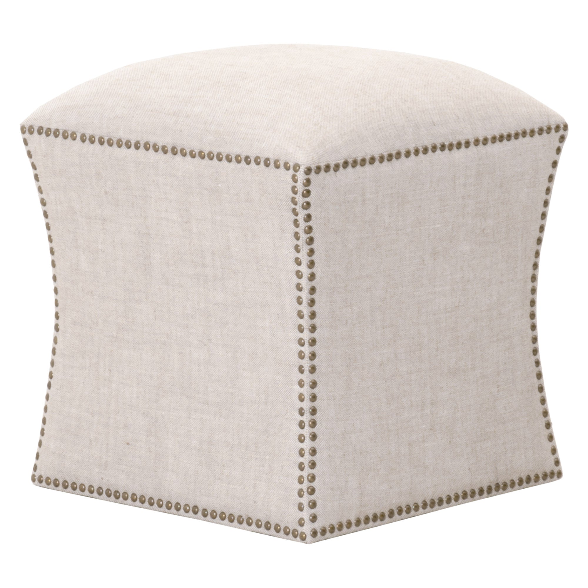 York Square Ottoman in bisque French linen by Essentials for Living with gold nailhead trim and compact square design