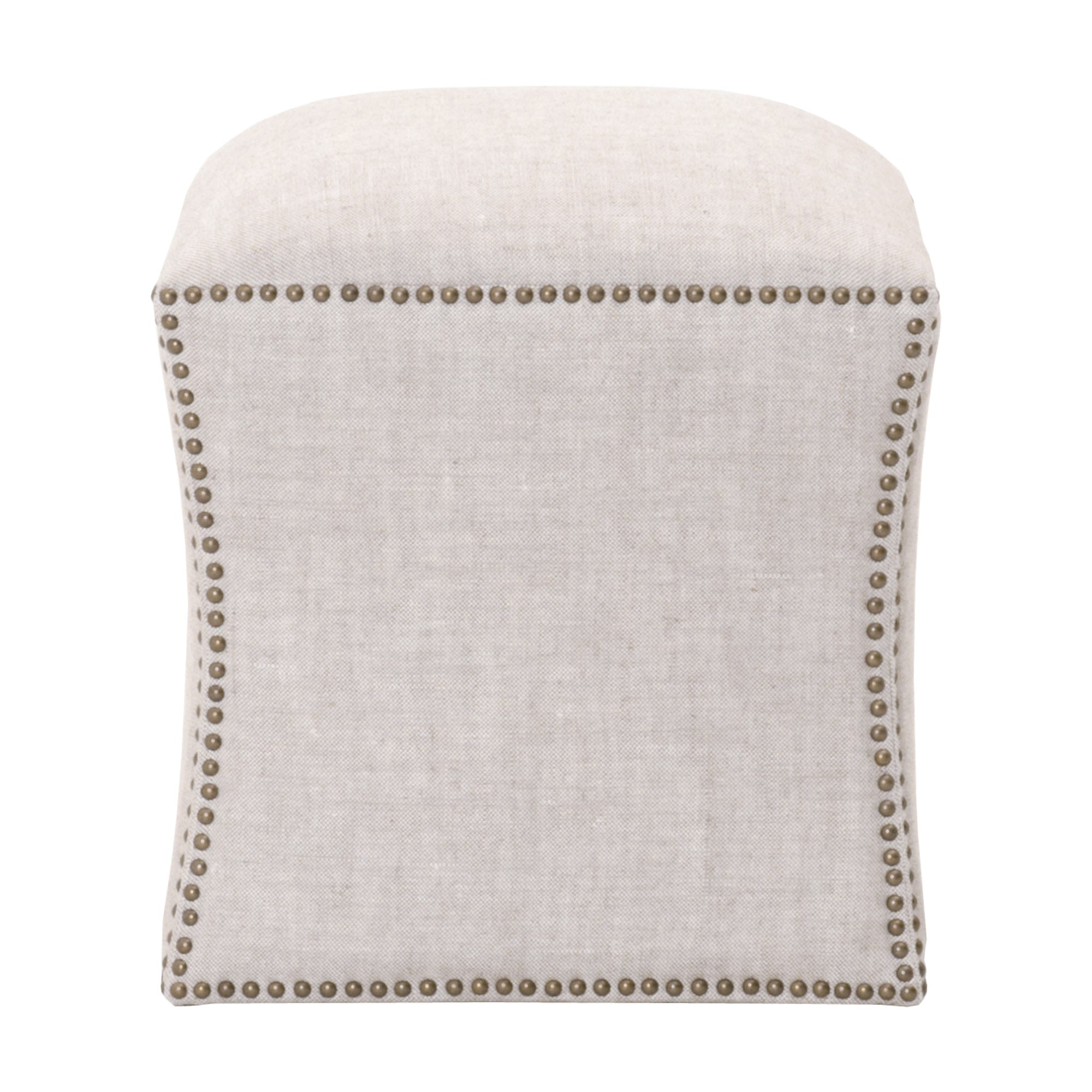 Square bisque French linen ottoman with gold nailhead trim by Essentials for Living, perfect for versatile seating and décor.