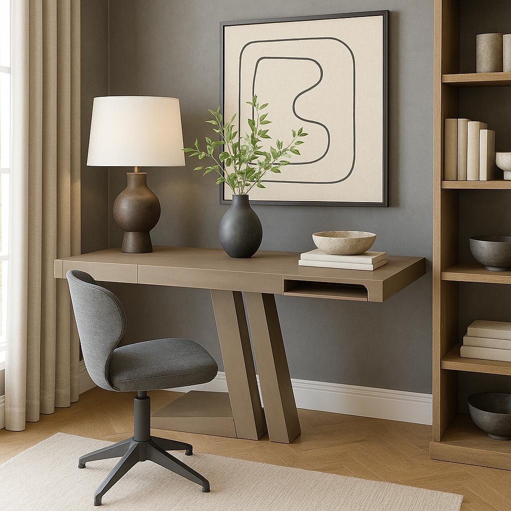 Zag Pocket Desk in 45-inch in Living room dove grey and brown wood finish with built-in storage pocket